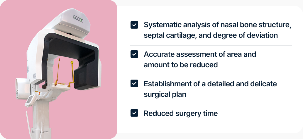 3D CT 코 골격구조 비중격 연골 휘어짐정도 체계적인 분석 정확한 부위 절제량 판단 디테일한 수술계획 수립 수술시간단축